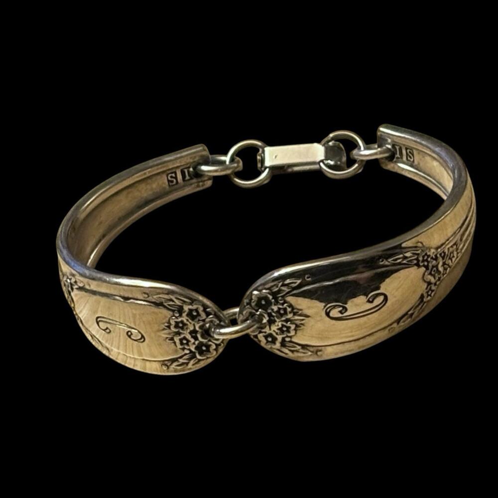 Vintage 1950s IS Silverplate Spoon Handle Bracelet Floral Upcycled Bar Clasp
